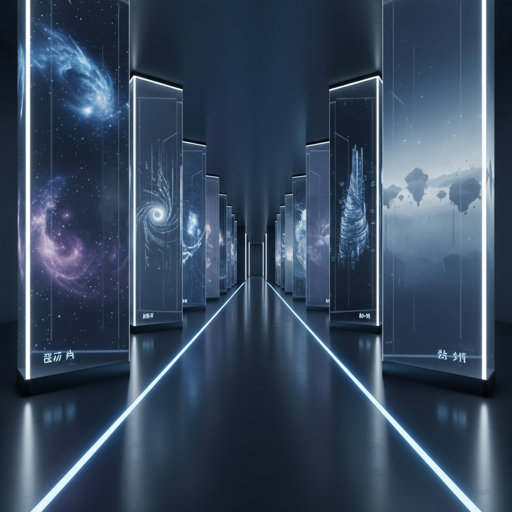 A long, dimly lit corridor in a futuristic art archive, walls lined with transparent vertical panels that resemble tall, monolithic data crystals. Within each translucent slab, a different digital artwork shimmers: abstract constellations, intricate fractal architectures, and dreamlike landscapes, each isolated in its own column of light. Tiny, non-textual glyph-like symbols at the base of every panel subtly signal edition numbers and provenance. Cool, directional floor lighting sends narrow beams upward, creating dramatic gradients and reflections across the smooth surfaces. Captured in photographic realism with a wide-angle lens from a low, receding perspective, the composition draws the eye toward a luminous vanishing point, amplifying the sense of depth, rarity, and curatorial precision in this sophisticated vault of imagination.