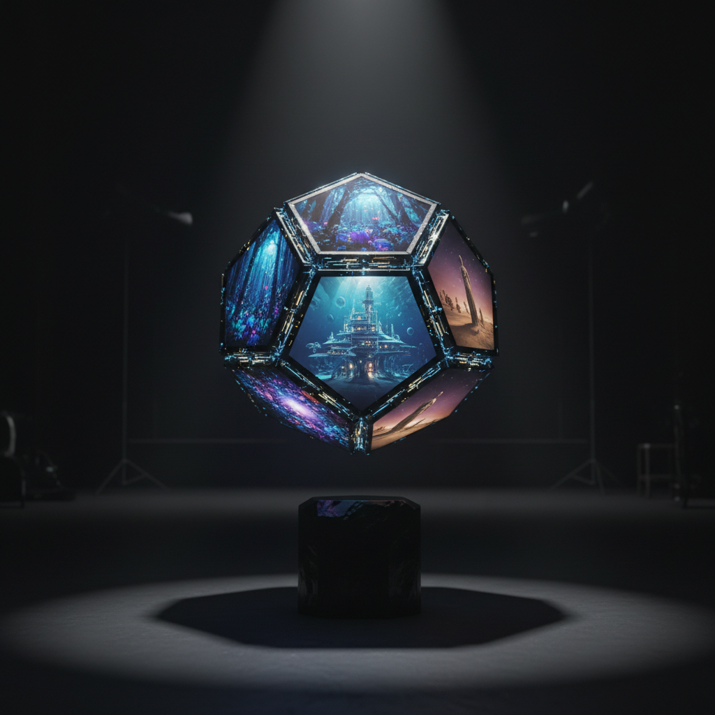 An intricate, floating polyhedral artifact hovers above a matte obsidian pedestal in an otherwise empty, dark studio space. Each facet of the polyhedron is a miniature, high-resolution digital portal into a different imagined world: one shows a bioluminescent forest, another an ethereal underwater city, another a star-drenched desert with colossal statues. The artifact appears semi-transparent, with fine luminous circuitry running through its edges, suggesting a signature project that unifies multiple narrative universes. A single spotlight from above creates crisp highlights and sharp, elegant shadows on the floor, while faint ambient light keeps distant corners of the room barely visible. Photographic realism with a centered composition and shallow depth of field ensures the object feels precious, enigmatic, and intensely collectible.