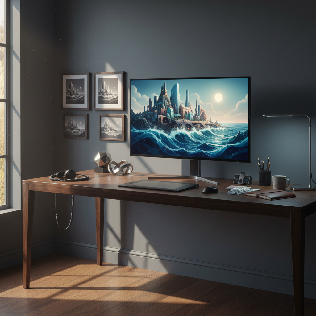 A refined artist’s workspace in photographic realism: a broad, dark walnut desk against a deep slate wall, supporting a large, ultrathin 8K display that showcases a nearly finished digital artwork of a surreal coastal city rising from shimmering sound waves. Around the monitor lie premium accessories—pen display tablet, geometric metal sculptures, and a neatly arranged set of color-calibrating tools—hinting at meticulous craftsmanship. On the wall, three smaller framed prints of earlier stages of the same artwork subtly tell its narrative evolution and edition lineage. Late-afternoon light filters in from a tall side window, mixing with a soft, cool desk lamp to create layered, cinematic lighting. Shot from a three-quarter angle with moderate depth of field, the mood is contemplative, intelligent, and quietly luxurious, emphasizing process, vision, and resonance.